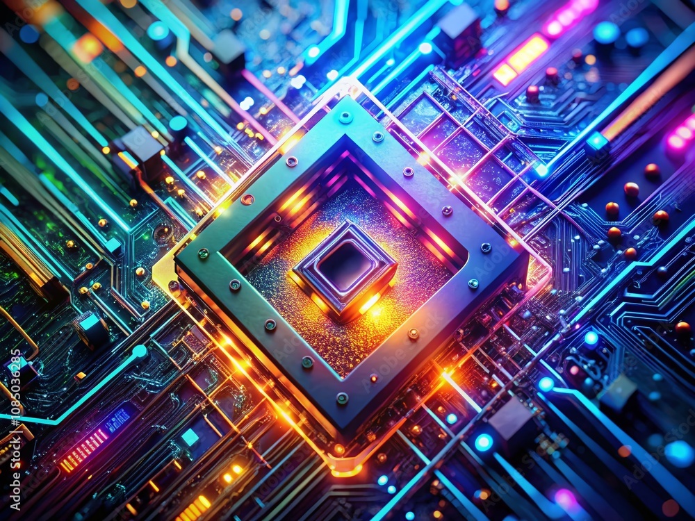 Poster futuristic quantum computer with advanced encryption technology illuminated in a dimly lit environme