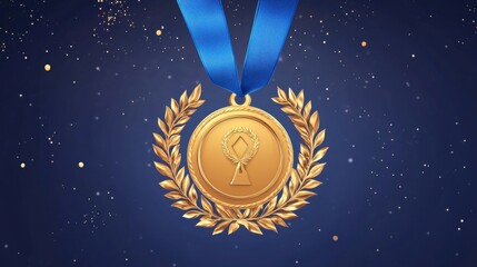 Gold medal illustration with a laurel wreath and blue ribbon for champion recognition
