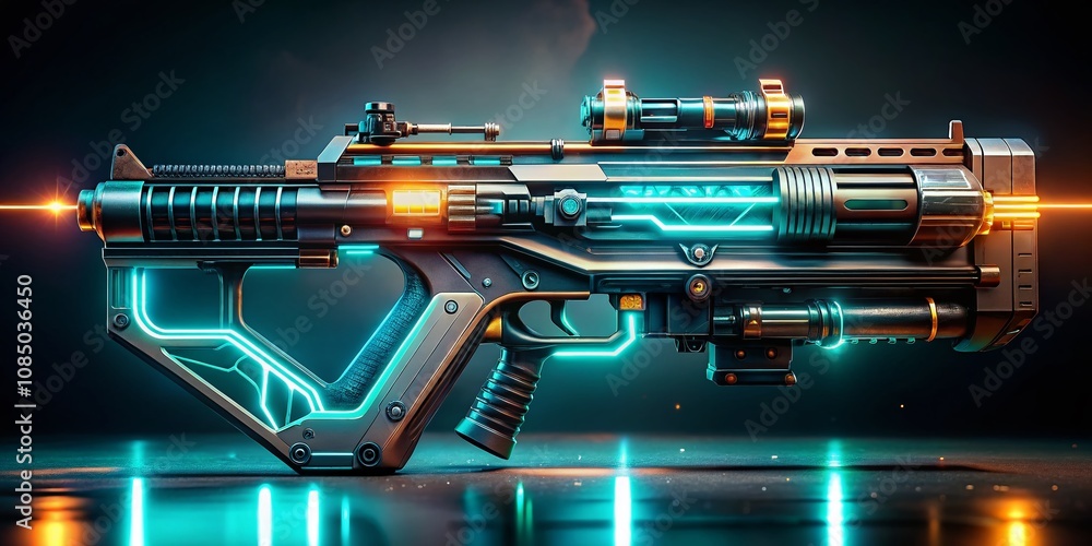 Poster futuristic sci-fi weapon with glowing elements in dynamic long exposure, capturing the essence of ad