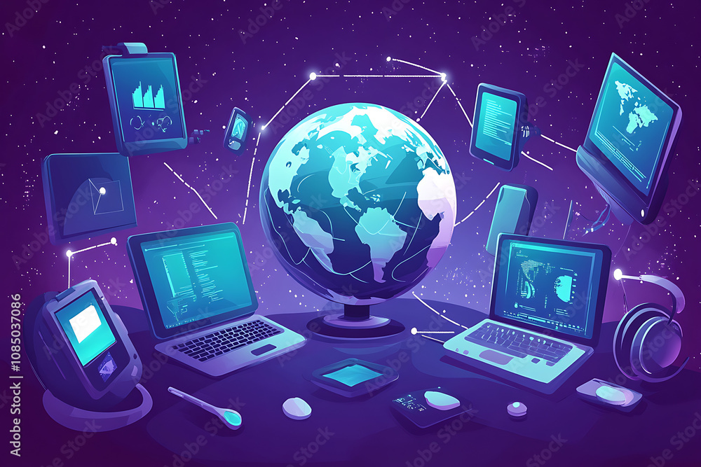 Poster a digital representation of technology and connectivity around a globe.