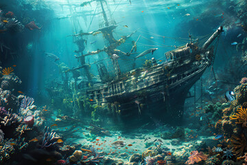 Underwater view of an sunken ship on seabed with fish swimming around