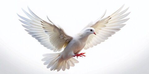 Obraz premium Graceful White Dove in Flight Against a Pure White Background with Ample Copy Space for Textual Content or Branding Opportunities