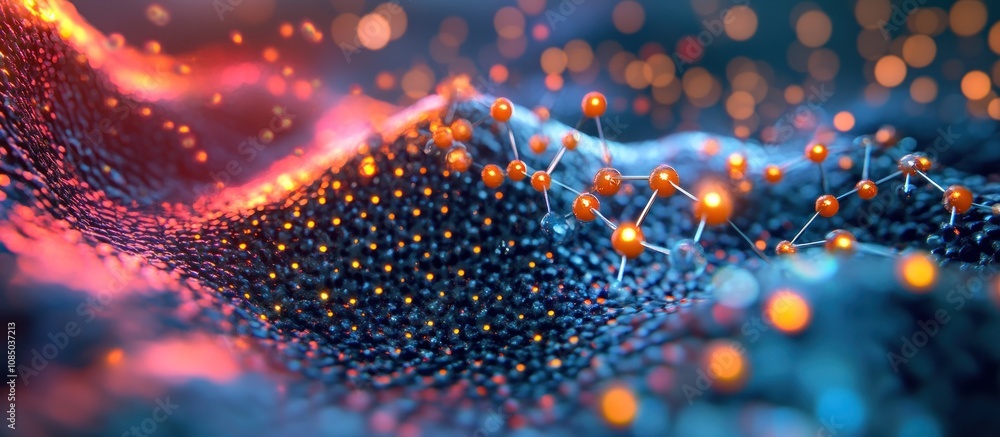 Poster abstract 3d rendering of glowing network nodes on a textured surface.