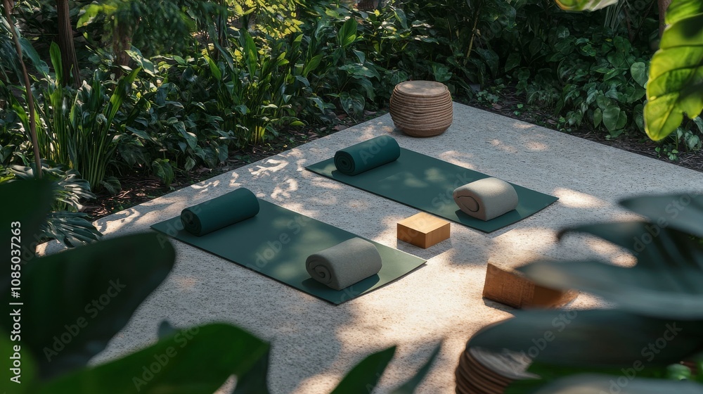 Poster a serene yoga setup with mats and blocks neatly arranged in a peaceful garden, a quiet, sun-dappled 