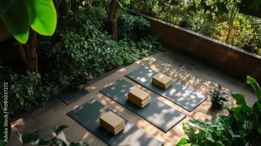 Poster a serene yoga setup with mats and blocks neatly arranged in a peaceful garden, a quiet, sun-dappled 