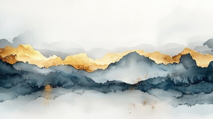 Abstract watercolor landscape featuring mountains with gold accents and soft color transitions.