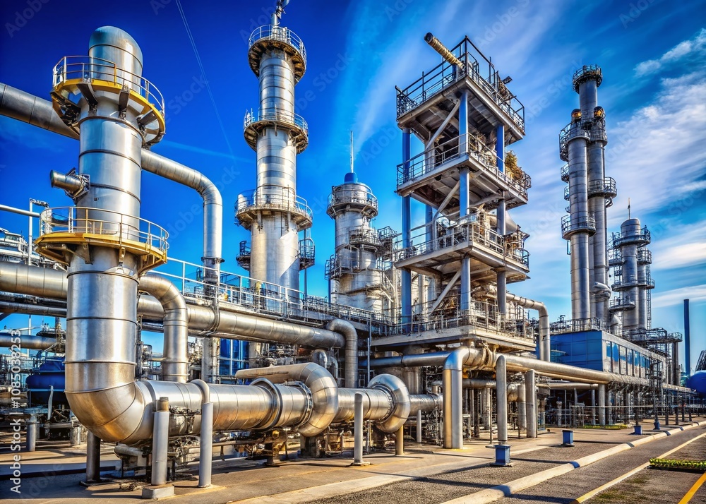 Poster high depth of field image of advanced oil refinery plant equipment focusing on pipeline systems and 
