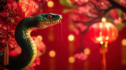 Fototapeta premium Green snake, red background, lanterns and flowers, Chinese New Year concept.