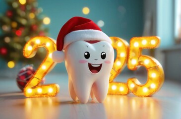 Cheerful Cartoon Tooth in Santa Hat with 25 in Lights  Festive Holiday Concept with Blurred...