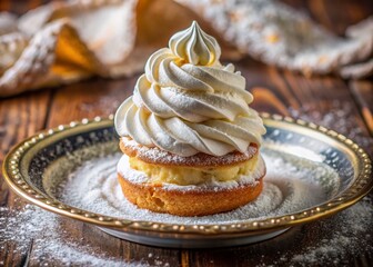 Indulgent Dessert with Whipped Cream and Powdered Sugar, Perfect for Celebrations and Sweet Treats, Captured in High Depth of Field to Highlight Delicious Details
