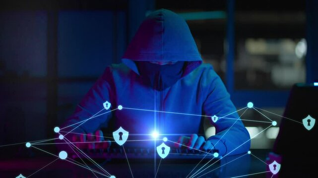 Hacker using computer with AI chatbot futuristic computer cybersecurity code shield protect computer engineer programmer typing code cyber crime hacking, internet digital technology concept.