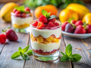 Indulgent Yogurt Parfait with Fresh Strawberries, Raspberries, and Mango in a Glass on a Softly Blurred Background for a Refreshing Culinary Delight