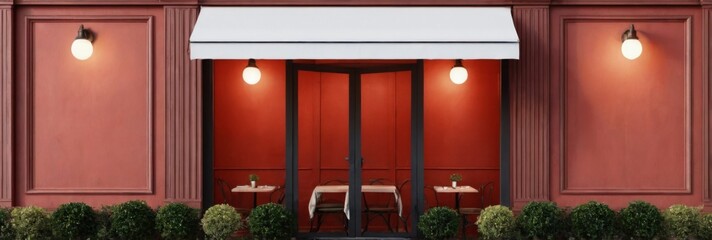 Cozy cafe entrance with red wall, wooden doors, white awning, and outdoor seating with potted plants and bushes.
