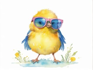 Fototapeta premium Whimsical watercolor illustration of a yellow bird in sunglasses standing on grass with flowers, in bright colors.