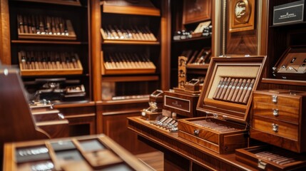 A sophisticated cigar tasting lounge with humidors and cutters, Cigars and smoking accessories meticulously placed, Luxurious cigar aficionado style