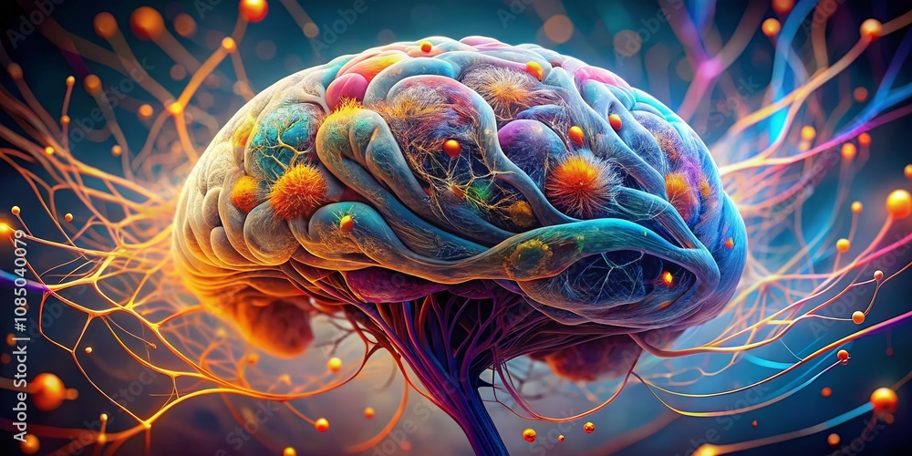 Poster intricate portrait of a brain symbolizing neurology and neurosciences with abstract elements and viv