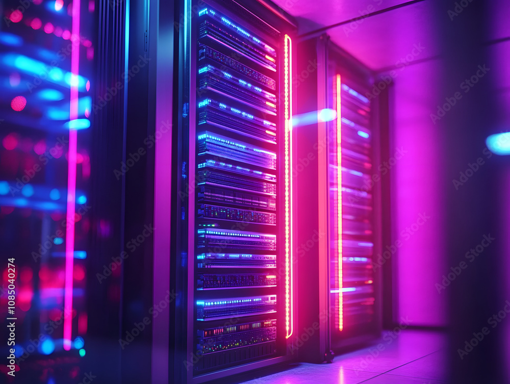 Poster server rack with neon lights in a data center