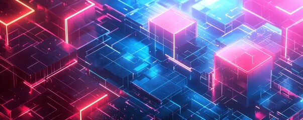 Futuristic isometric design with neon lights and abstract geometric patterns creating a vibrant digital landscape
