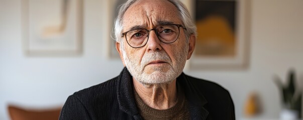 Older man experiencing chest pain while standing in a cozy home setting expressing discomfort and concern