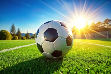 Fototapeta premium Aerial Soccer Ball on Green Grass Field - AI Photorealistic