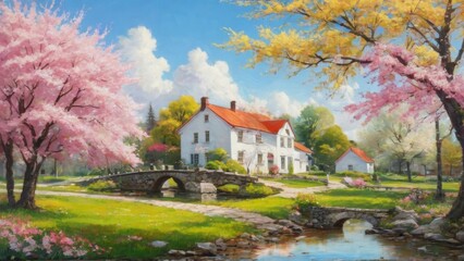 Obraz premium Beautiful Landscape Painting with White House, Red Roof, Cherry Blossom Trees, Stone Bridge, and Serene Atmosphere.