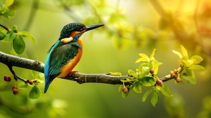 Fototapeta premium A colorful kingfisher perched on a branch amidst lush green leaves, capturing the beauty of nature.