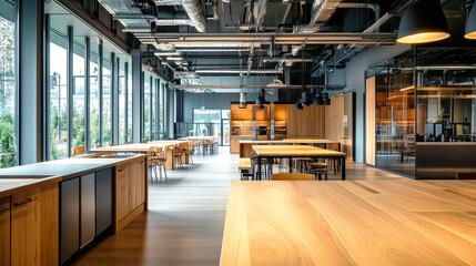 Modern carpentry workshop with natural light featuring furniture made from high-quality wood materials and vibrant interior design