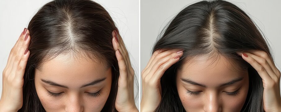 Before and after comparison of woman's scalp with noticeable hair growth and volume improvement