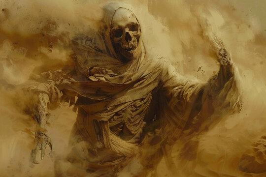 Scary mummy wandering in street with dramatic lighting on Halloween