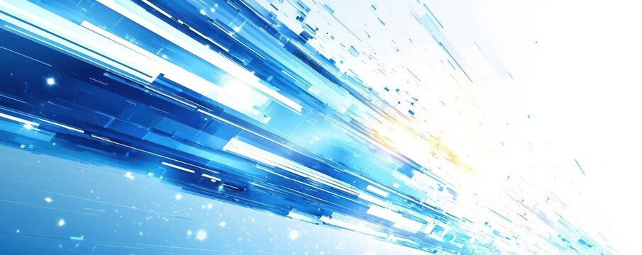 Dynamic blue and white abstract background with futuristic light streaks and diagonal motion lines in a digital  illustration