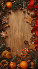 New Year's background with wooden texture, decorated for Christmas and winter in red-green-yellow colors, fir branches, dried fruits, gingerbread cookies, cinnamon sticks, snowflakes, star anise.