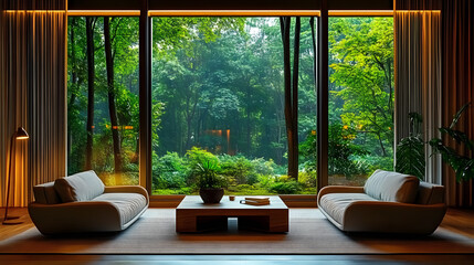 Fototapeta premium Modern Interior Design with Forest View