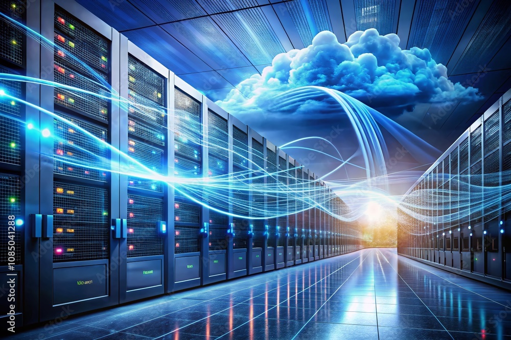 Poster long exposure of cloud migration concept, showcasing moving servers to a cloud data center with stre