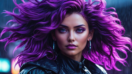 Vibrant Purple Hair Woman in Futuristic Urban Setting