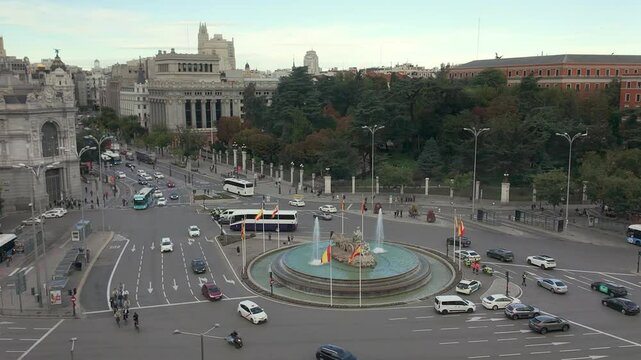 Aerial view of the Plaza de Cibeles from the city hall of the capital, Madrid, Spain.
