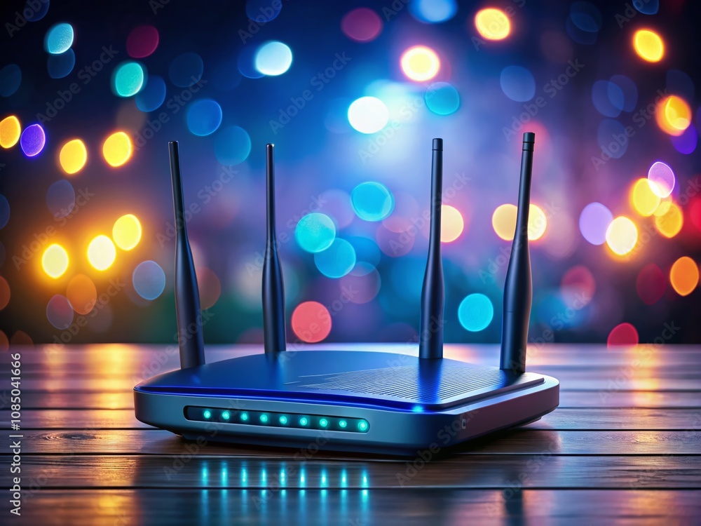 Poster low light photography of a wi-fi router with an ethereal glow on a dark background, highlighting its