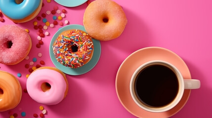 Tasty donuts and cups of coffee on color background, flat lay.