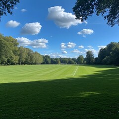 Obraz premium Spacious Football Pitch Surrounded by Lush Greenery