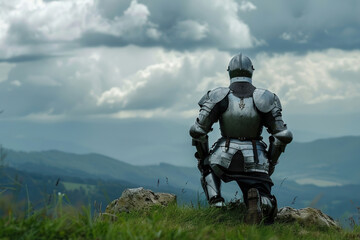 Fototapeta premium A fantastic royal knight in armor guards the castle chambers