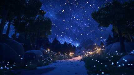 Fototapeta premium A serene pathway through the forest under a starry night sky filled with twinkling stars