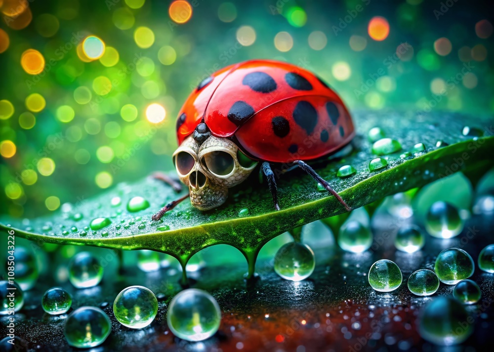 Poster macro shot of a vivid red ladybug with a unique black skull pattern on its shell, resting on a dewy 