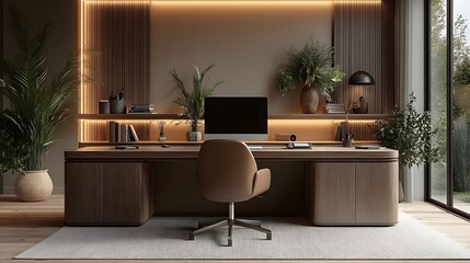 Fototapeta premium Elegant home workspace featuring a modern chair and a large desk, minimalist decor, soft lighting, stylish and functional layout, 3D rendering