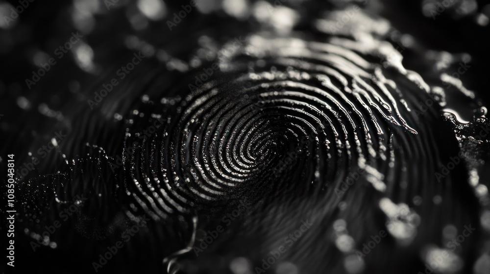 Poster a close-up of a fingerprint pattern with water droplets on a dark surface.