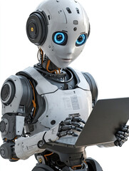 Robot working with laptop, white background