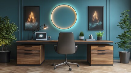 Cozy workspace with a minimalist desk, a comfortable modern chair, and stylish decor elements, inviting and practical, 3D rendering