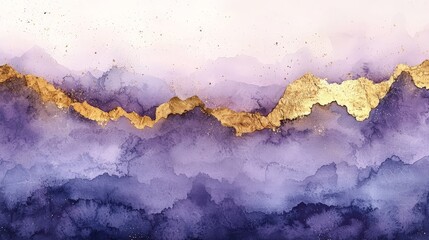 Abstract watercolor landscape with gold accents in purple and pink hues.