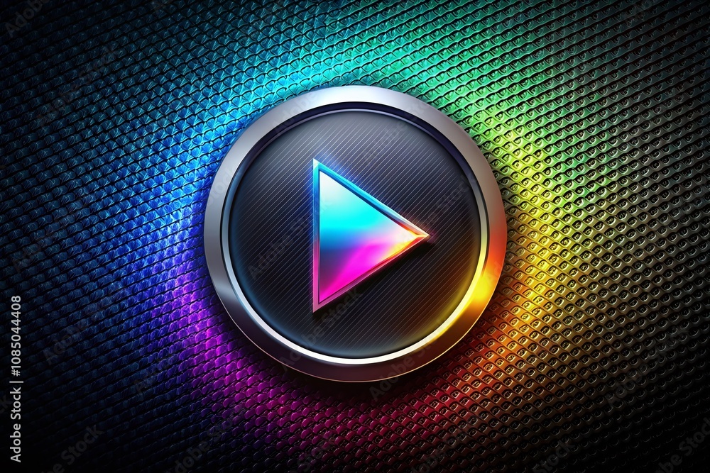 Poster metallic play button on dark background with ample copy space for creative designs and digital media