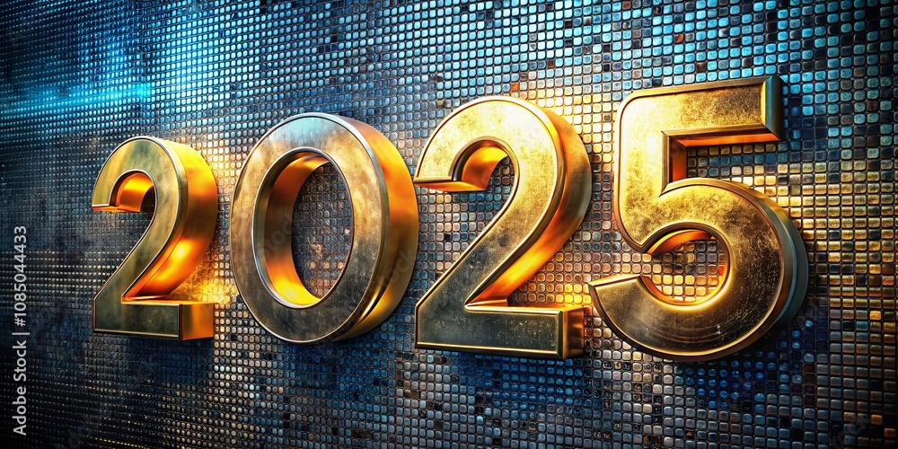 Poster metallic 2025 numerals set against a textured background in a panoramic view capturing the essence o