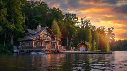 Obraz premium A serene lakeside cabin at sunset, surrounded by trees and reflecting on the water.