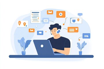 employee looking at phone, laptop next to him, messenger icons, telephony setup, generative ai